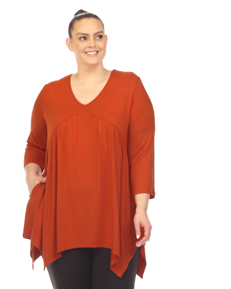 Side of a model wearing a size XL White Mark Empire Waist V-Neck Tunic Top in Brown by White Mark. | dia_product_style_image_id:291223